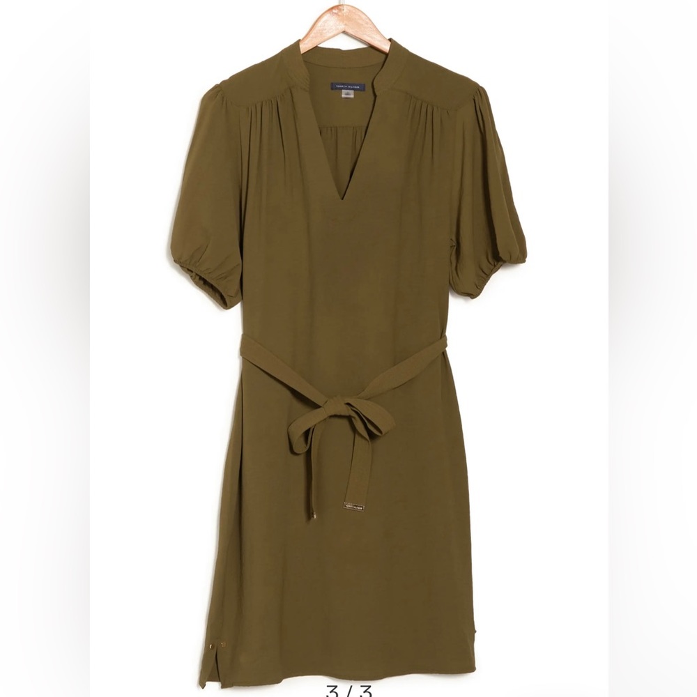 Tommy Hilfiger olive green v neck puff sleeve dress